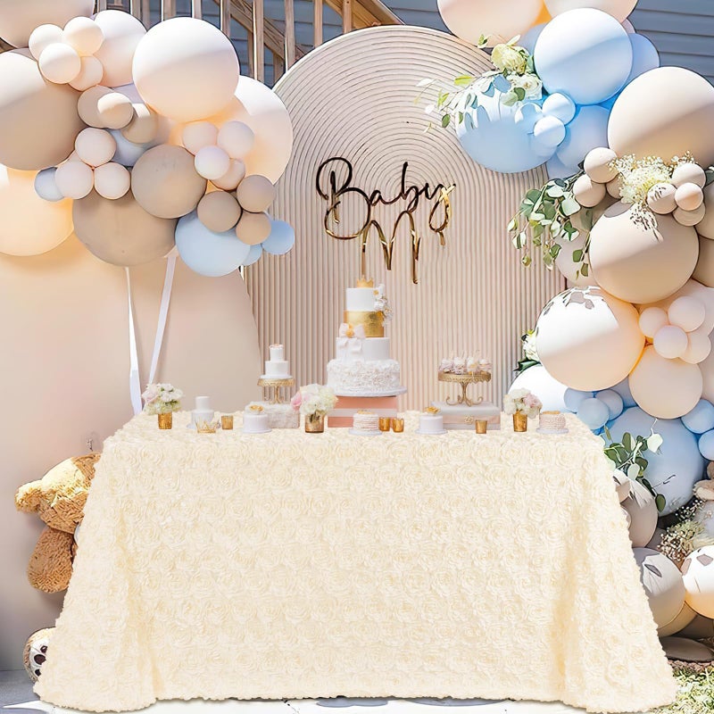 FanQiSi 3D Satin Rosette Rectangle Tablecloth 90 x132 Inches Ivory Satin Raised Rosettes Tablecloth for Wedding Baby Shower Event Decoration - Image 1